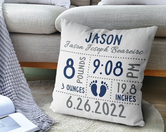 Boys Girls Birth Announcement Pillow - Footprints - Navy Grey - Nursery Pillow - New Baby Gift - Personalized - Cotton