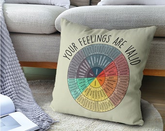 Your feelings are valid pillow, Wheel Of Emotions Throw Pillow Case, Psychologist Polyester Square Pillow Cases Gifts, Emotions Color Wheel