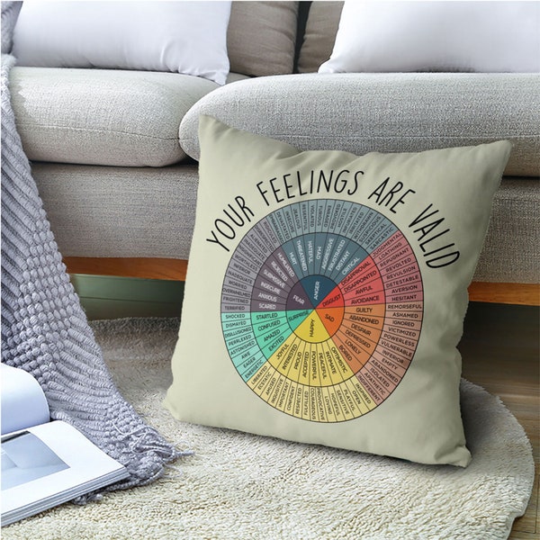 Your feelings are valid pillow, Wheel Of Emotions Throw Pillow Case, Psychologist Polyester Square Pillow Cases Gifts, Emotions Color Wheel