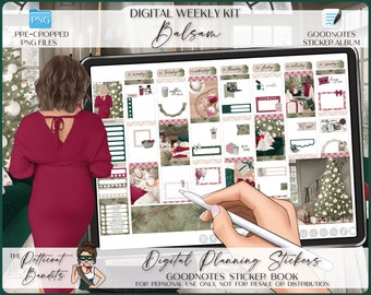 May include: Digital planner stickers for Goodnotes app. The stickers feature a winter theme with a green, red, and white color scheme. The stickers include a variety of designs, such as coffee cups, Christmas trees, and presents.