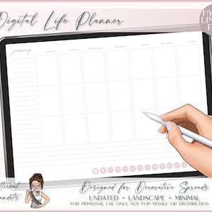 May include: A digital life planner with a monthly calendar layout. The planner is undated and has a landscape orientation. The planner is designed for decorative spreads and is for personal use only.