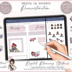 May include: Digital planner stickers for GoodNotes app. The stickers feature a cartoon character with different hairstyles and expressions, along with phrases like "Ain't gonna happen" and "Maybe later".