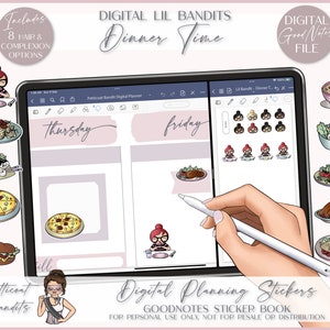 May include: Digital planner stickers for GoodNotes app. The stickers feature a variety of dinner foods, including pizza, pasta, sushi, and turkey. The stickers are designed in a cartoon style and are perfect for adding a touch of fun to your planner.