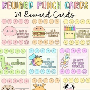 デジタル 24 個の駄洒落報酬パンチ カード | 教師、教育者、学生向けダウンロード/印刷可能、賞賛、証明書、かわいいイラスト
