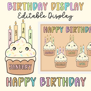 DIGITALE Happy Birthday cupcake-display, taartdecor, afdrukbaar, bewerkbaar, download, klasdecor, klasdeurkunst, vriendelijkheid, bulletinkunst