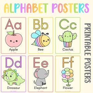 May include: Printable alphabet posters with colorful borders and illustrations. Each poster features a letter of the alphabet, a corresponding animal or object, and the word for the image. The letters are in uppercase and lowercase. The posters are perfect for teaching children the alphabet.