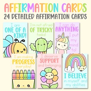 Tarjetas de afirmaciones digitales, Impresión de afirmaciones para niños, Tarjetas de motivación positiva, Sala de juegos para niños, Positividad en el aula, bienestar emocional