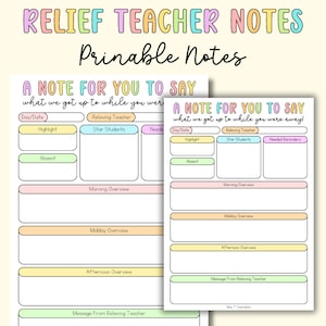 Peut inclure: Deux modèles de notes d'enseignant imprimables avec un schéma de couleurs rose, jaune et bleu. Les modèles de notes sont intitulés "A Note For You To Say" et comprennent des sections pour "Day/Date", "Relieving Teacher", "Highlight", "Star Students", "Needed Reminders", "Absent", "Morning Overview", "Midday Overview", "Afternoon Overview", et "Message From Relieving Teacher".