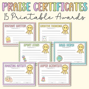 DIGITAL Printable Praise Certificates, Subject Awards, Printable download, classroom decor, Star Student, Cute Illustrations