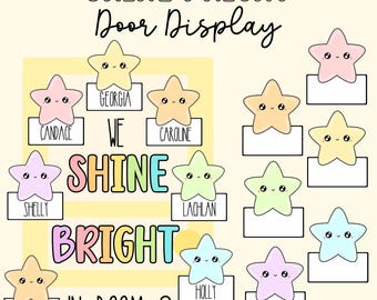 DIGITAL Shine Bright Door Display, Printable, Editable, Download, Cute Class Decor, Classroom, Stars, Space, STEM, Pastel Happy Stars