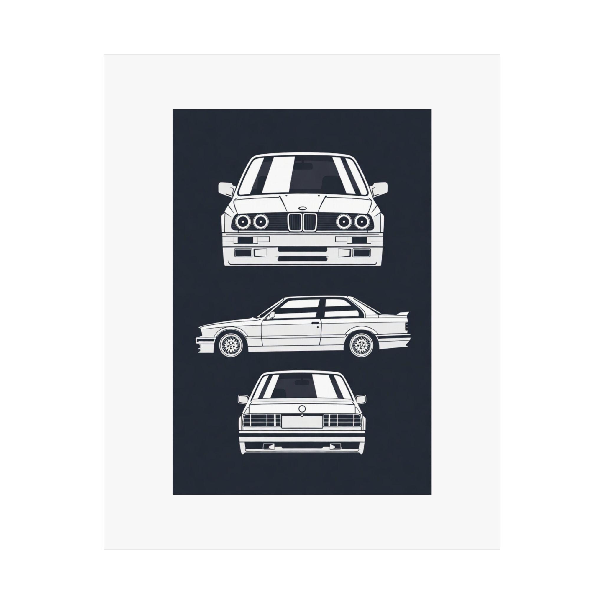 BMW E30 M3 Blueprint Poster Classic BMW Sports Car Technical Drawing ...
