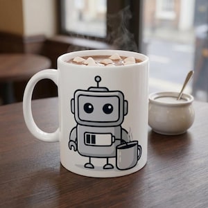Op de afbeelding: Een witte keramische mok met een cartoon robot ontwerp. De grijze robot heeft een indicator voor een bijna lege batterij en houdt een kleine mok vast. De mok is gevuld met warme chocolademelk en marshmallows. Een suikerpot en lepel staan ernaast.