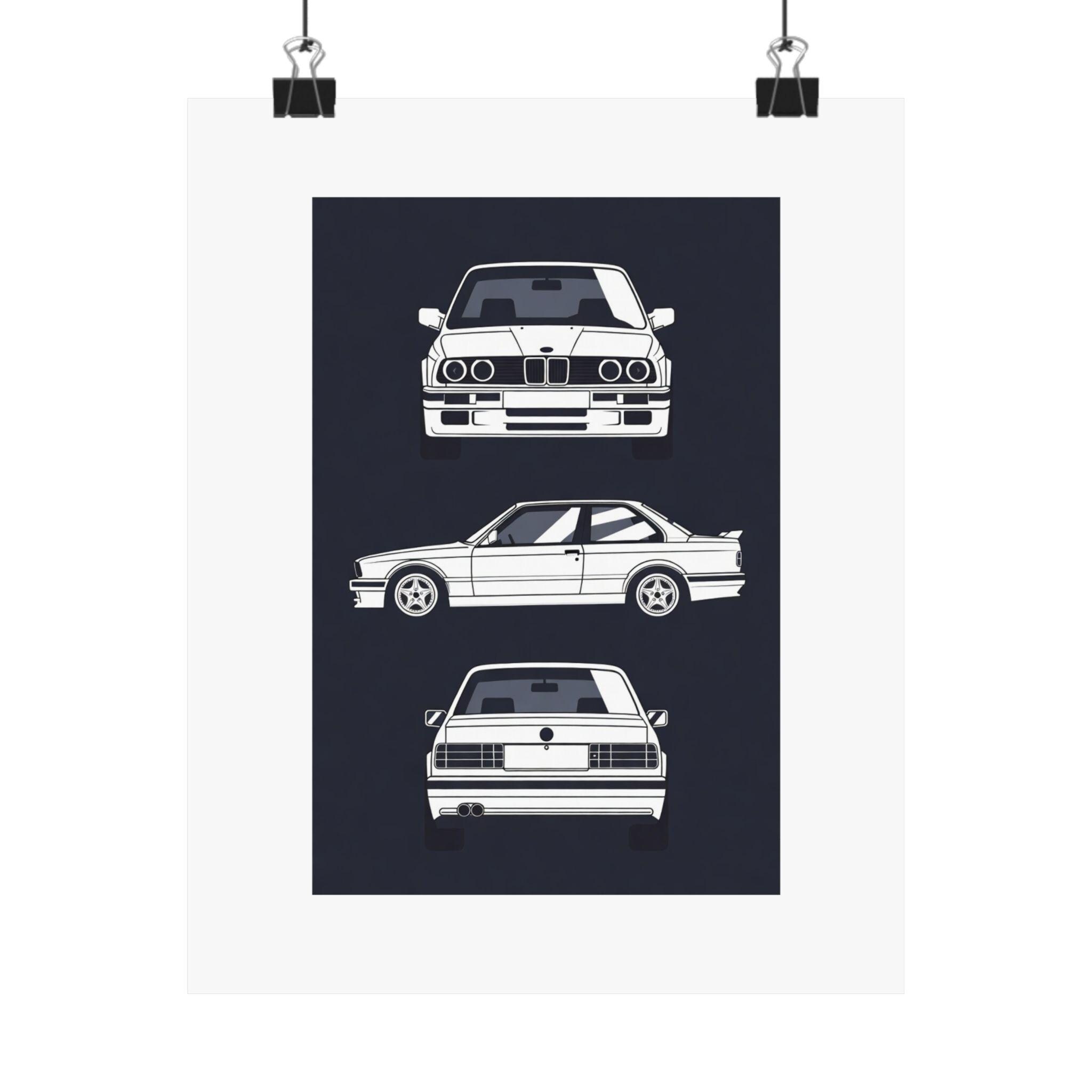 BMW E30 Blueprint Poster Classic BMW Technical Drawing Car Wall Art ...