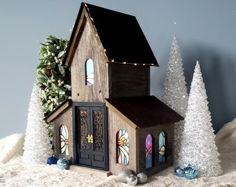 Home Decor and Gifts Wood Centerpiece Barn, Wood Birdhouse, Wood Cross, Stained Glass, Wood Lantern, Wood table art, Christmas Gift for Her