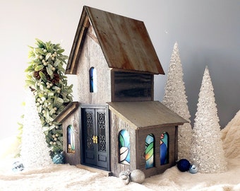 Wood Candle Holder, Wood Farmhouse Art, Rustic Decor Barn, Wood Church Birdhouse, Illuminated Cross, Stained Glass Decor, Table Centerpiece