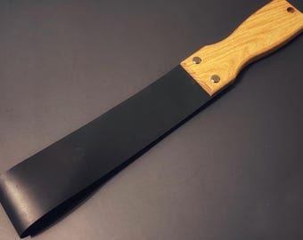 BDSM Leather Slapper: Oak Handle, Gunmetal Hardware, 8.5"