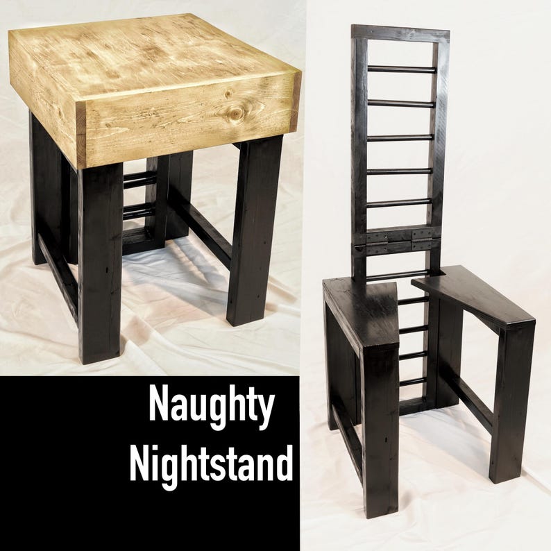 Puede incluir: Un mueble de madera convertible mostrado en dos estados: como mesita de noche cuadrada con tapa de madera natural y patas negras, y como silla negra con respaldo alto de listones. El texto Naughty Nightstand aparece en blanco sobre fondo negro.