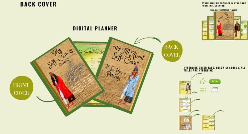 May include: Digital lifestyle planners with illustrated covers. The front covers feature women in stylish outfits. The planners have wooden-look backgrounds and green borders. Text includes "My Self-Care is Beautiful" and "It's All About Self-Care".
