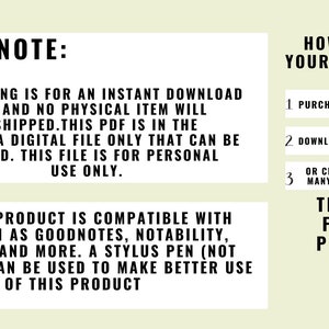 May include: Digital product information sheet with text: "Please Note: This listing is for an instant download only and no physical item will be shipped." Instructions on how to get printable files are also included.