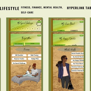 May include: Digital self-care lifestyle planner with sections for fitness, finance, mental health, and self-care. Includes tabs for running log, budget plan, vision board, and daily gratitude. Features illustrations of people in various self-care activities.