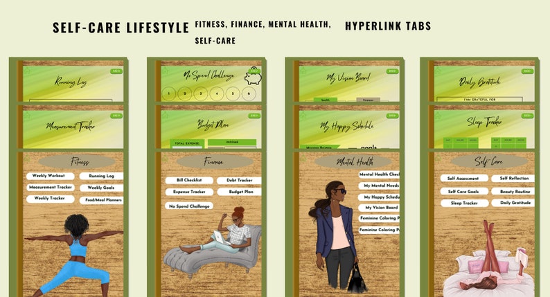 May include: Digital self-care lifestyle planner with sections for fitness, finance, mental health, and self-care. Includes tabs for running log, budget plan, vision board, and daily gratitude. Features illustrations of people in various self-care activities.