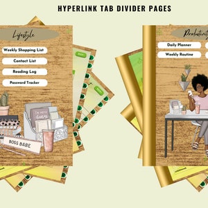 May include: Digital planner pages with a gold spiral binding. One page features a "Lifestyle" section with a shopping list and contact list. The other page is a "Productivity Planner" with a daily and weekly schedule. The text "BOSS BABE" is visible.