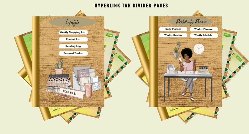 May include: Digital planner pages with a gold spiral binding. One page features a "Lifestyle" section with a shopping list and contact list. The other page is a "Productivity Planner" with a daily and weekly schedule. The text "BOSS BABE" is visible.