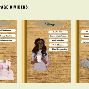 May include: Digital planner page dividers with the text "HYPERLINK PAGE DIVIDERS". The dividers are themed around self-love, wellness, and finance, each featuring illustrations and related tracking categories. The background has a wood grain texture.