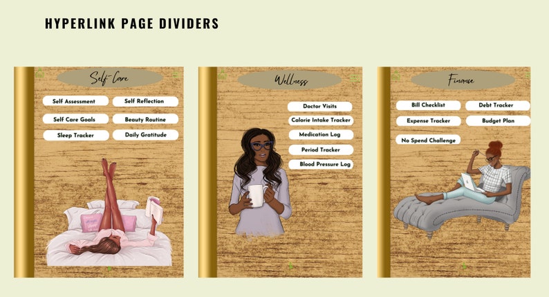 May include: Digital planner page dividers with the text "HYPERLINK PAGE DIVIDERS". The dividers are themed around self-love, wellness, and finance, each featuring illustrations and related tracking categories. The background has a wood grain texture.