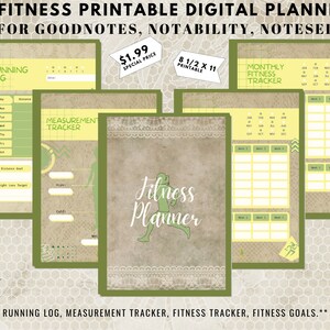 May include: A digital fitness planner with a running log, measurement tracker, and fitness tracker. The planner is designed for GoodNotes, Notability, and Noteself. The cover features the text "Fitness Planner" and a running figure in green.