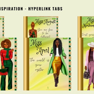 May include: Digital planner tabs with illustrations of women representing different months. Each tab features a month's name, a motivational quote, and a stylishly dressed woman. The tabs are labeled "Monthly Inspiration - Hyperlink Tabs."