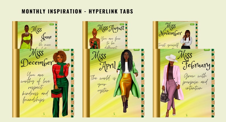 May include: Digital planner tabs with illustrations of women representing different months. Each tab features a month's name, a motivational quote, and a stylishly dressed woman. The tabs are labeled "Monthly Inspiration - Hyperlink Tabs."