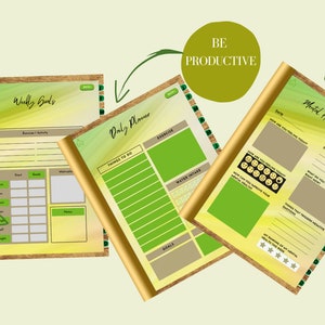 May include: Digital PDF planner with a gold border. The planner includes sections for weekly goals, daily planning, and mental health check-ins. Text includes "PDF DIGITAL DOWNLOAD", "Weekly Goals", "Daily Planner", and "Mental Health Matter".