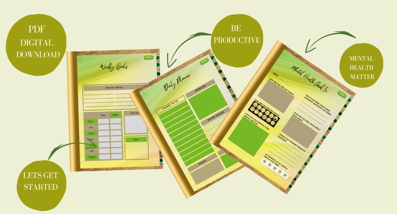 May include: Digital PDF planner with a gold border. The planner includes sections for weekly goals, daily planning, and mental health check-ins. Text includes "PDF DIGITAL DOWNLOAD", "Weekly Goals", "Daily Planner", and "Mental Health Matter".