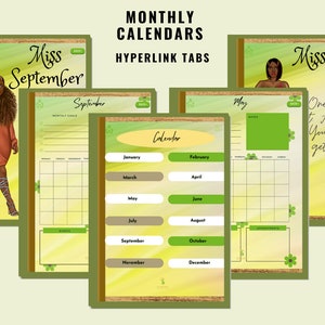 May include: A collection of monthly calendars with a green and yellow design. Each calendar features a different month, with illustrations of women and the text "Miss" followed by the month. The calendars have hyperlink tabs.