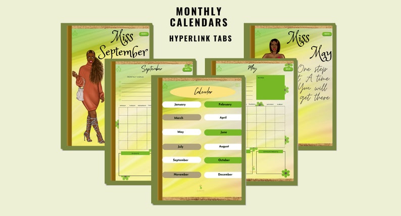 May include: A collection of monthly calendars with a green and yellow design. Each calendar features a different month, with illustrations of women and the text "Miss" followed by the month. The calendars have hyperlink tabs.