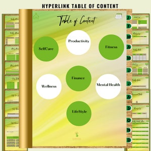 May include: A digital planner page with a gold spine and a light green and yellow background. The "Table of Content" includes topics like SelfCare, Productivity, Fitness, Finance, Wellness, Mental Health, and LifeStyle.