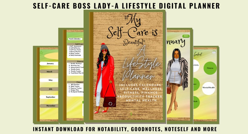 May include: Digital planner titled "Self-Care Boss Lady-A Lifestyle Digital Planner." The cover features an illustration of a woman in a red coat. The planner includes calendars, self-care, wellness, fitness, finance, productivity tracker, and mental health sections.