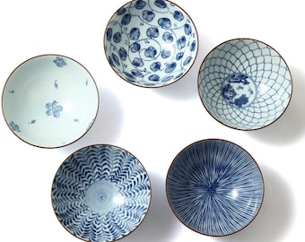 Juego de 5 cuencos japoneses de cerámica Mino Ware para sopa de arroz, auténtica cerámica hecha a mano, plato de cerámica, plato vintage, cuenco de cerámica, Minoyaki premium