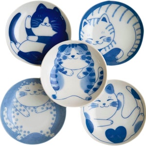 Set of 5 Japanese Mino Ware Ceramic Plate Hand-drawn Cat, small sauce plate, soy sauce plate, sushi plate, cat food bowl, porcelain plate
