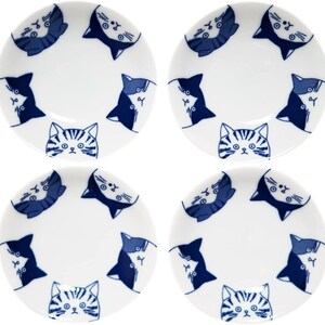 Set of 4 Japanese Mino Ware Ceramic Plate Hand-drawn Cat, small sauce plate, soy sauce plate, sushi plate, cat food bowl, porcelain plate