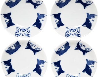 Juego de 4 platos de cerámica japoneses Mino Ware con gato dibujado a mano, plato pequeño para salsa, plato para salsa de soja, plato para sushi, tazón de comida para gatos, plato de porcelana