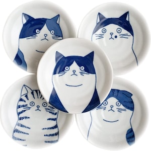 Set of 5 Japanese Mino Ware Ceramic Plate Hand-drawn Cat, small sauce plate, soy sauce plate, sushi plate, cat food bowl, porcelain plate