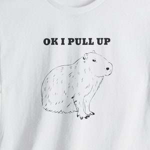 May include: White t-shirt with a black line drawing of a capybara and the text "OK I PULL UP" printed on the front.
