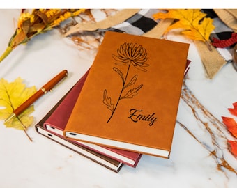 Personalized Birth Flower Vegan Leather Journal | Engraved Floral Notebook