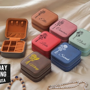 Travel Jewelry Box, Personalized Gifts, Birth Flower Jewelry Case, Bridesmaid Gift, Leather Jewelry Case, Handmade Gift for Mom