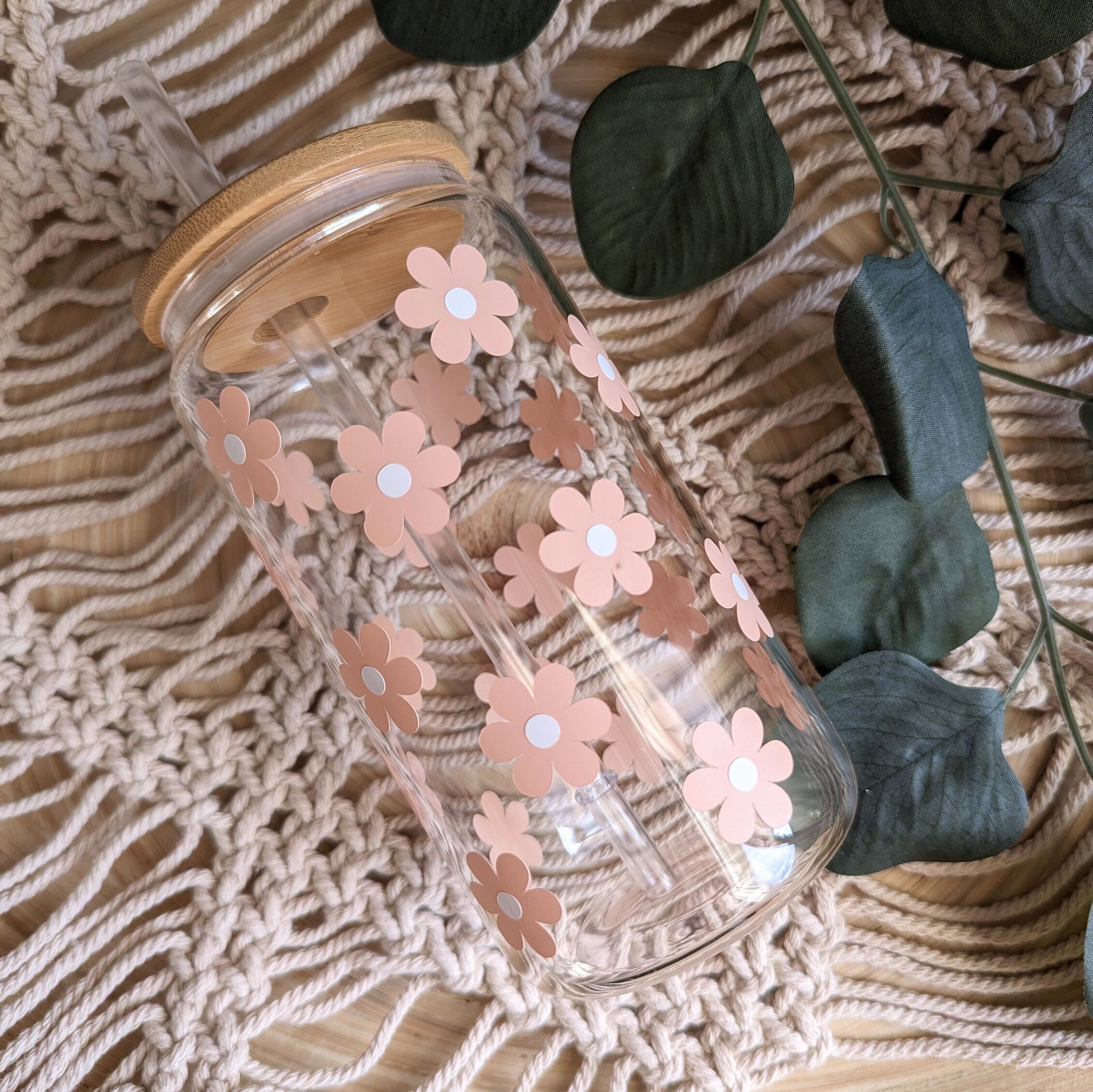 Daisy Fields 16oz Glass Can Cup or 17oz Glass Mug With Bamboo Lid and ...
