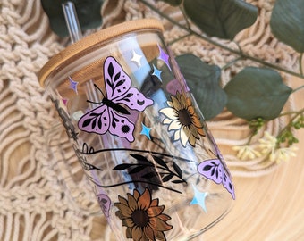 Mystical Minds 16oz glass can cup or 17oz glass mug with bamboo lid and reusable plastic straw. Sun, moon, butterflies, sunflower magic cute