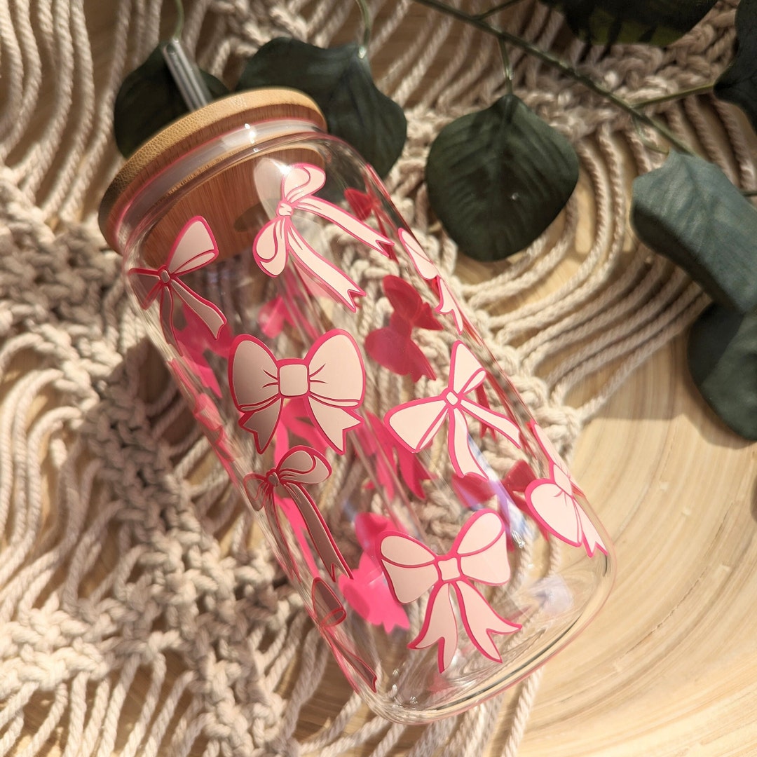 Pretty Pink Bows 16oz Glass Can Cup or 17oz Glass Mug With Bamboo Lid ...