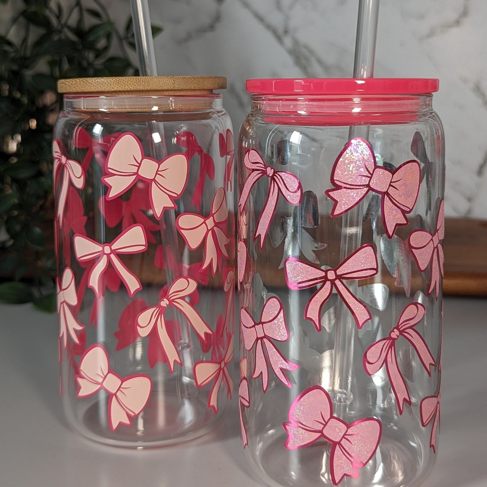 Pretty Pink Bows 16oz Glass Can Cup or 17oz Glass Mug With Bamboo Lid ...